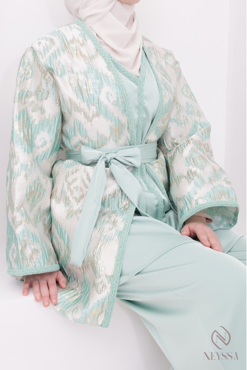 Ensemble 4 pièces vert d'eau kimono brocart luxe hijabi