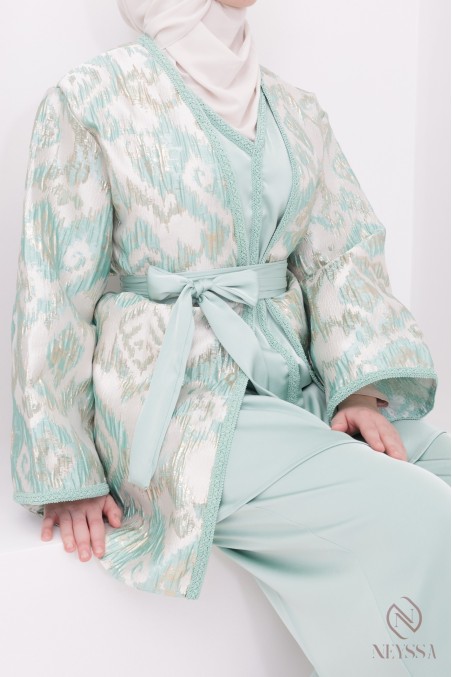 4-teiliges Set in Wassergrün, luxuriöser Brokat-Kimono für Hijabi