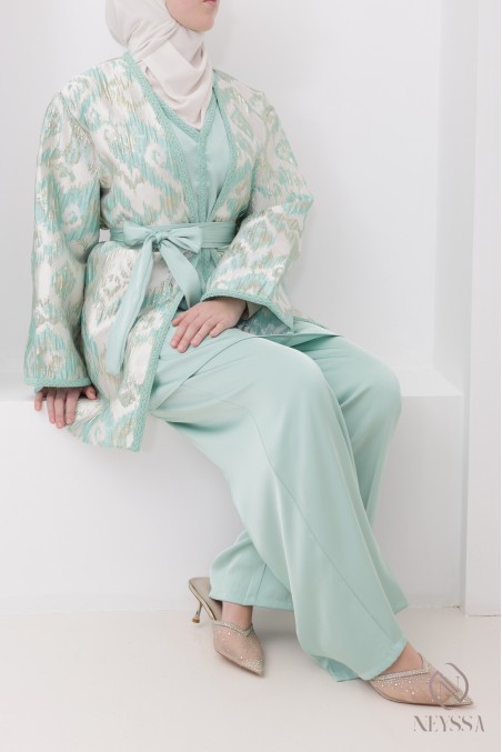 4-piece sea green luxury brocade kimono hijabi set