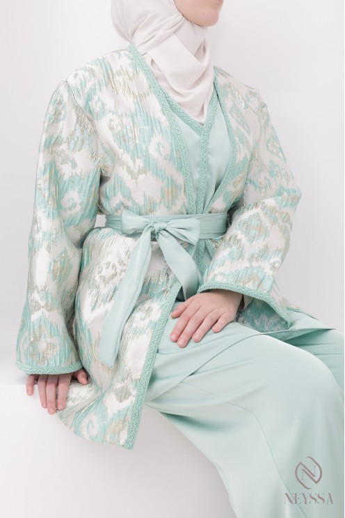 4-piece sea green luxury brocade kimono hijabi set