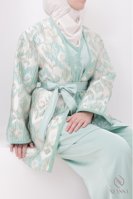 Ensemble 4 pièces vert d'eau kimono brocart luxe hijabi