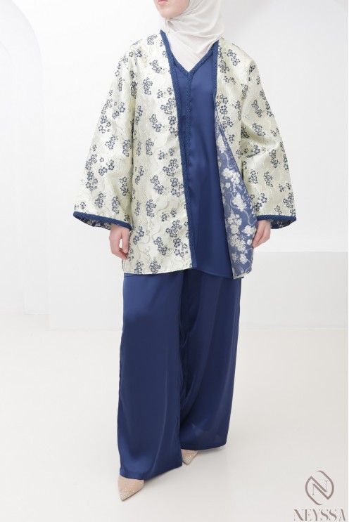 Set with palazzo pants and midnight blue brocade kimono for Eid