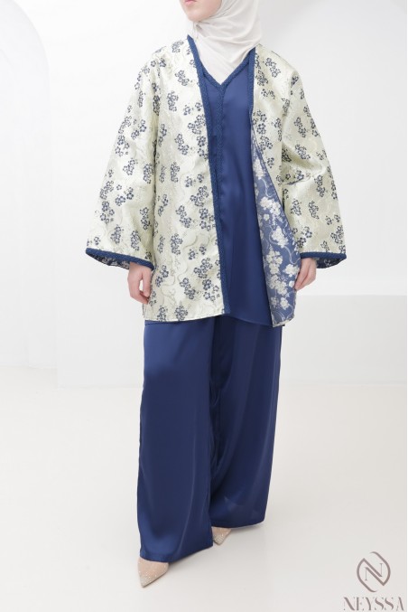 Set with palazzo pants and midnight blue brocade kimono for Eid
