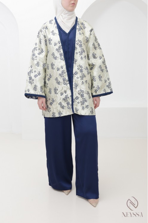 Set with palazzo pants and midnight blue brocade kimono for Eid
