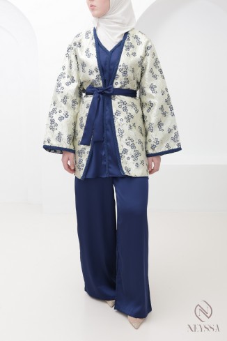 Ensemble  avec palazzo et kimono brocart bleu nuit pour l'Aïd 2