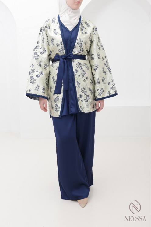 Set with palazzo pants and midnight blue brocade kimono for Eid