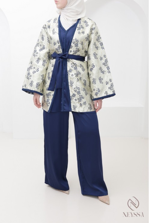 Ensemble  avec palazzo et kimono brocart bleu nuit pour l'Aïd