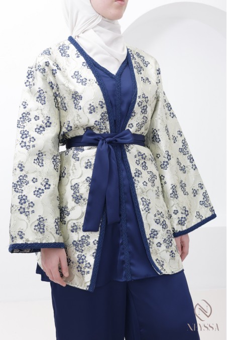 Ensemble  avec palazzo et kimono brocart bleu nuit pour l'Aïd