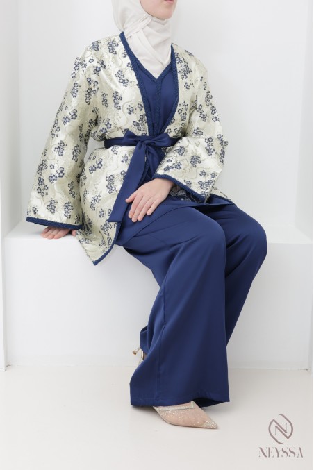 Ensemble  avec palazzo et kimono brocart bleu nuit pour l'Aïd