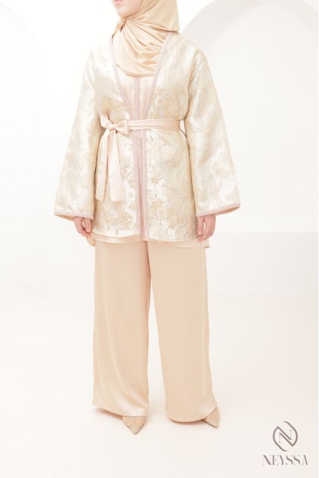 Ensemble tunique et kimono en brocard avec palazzo, tenue élégante