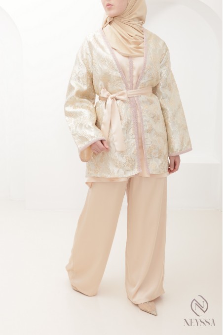Ensemble tunique et kimono en brocard avec palazzo, tenue élégante