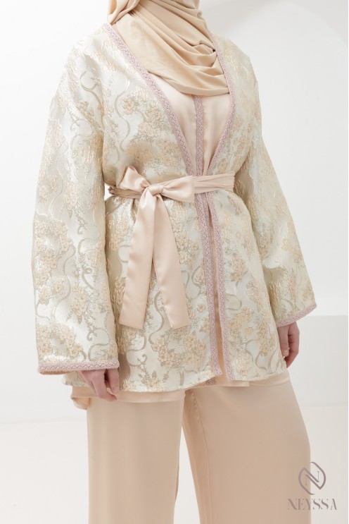 Ensemble tunique et kimono en brocard avec palazzo, tenue élégante