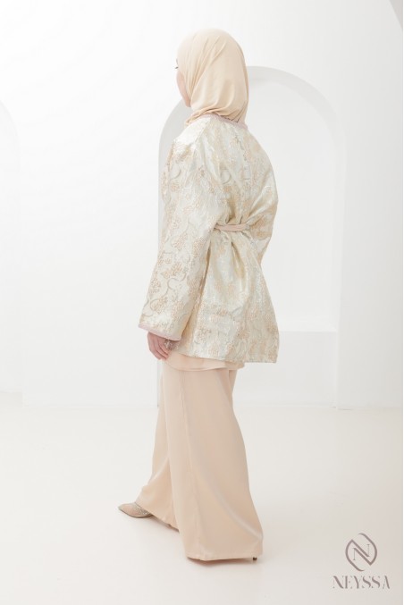 Ensemble tunique et kimono en brocard avec palazzo, tenue élégante
