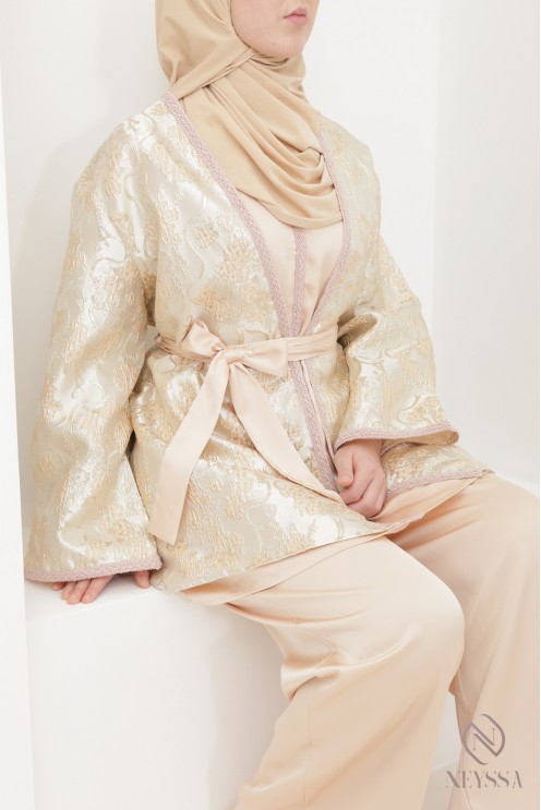 Ensemble tunique et kimono en brocard avec palazzo, tenue élégante