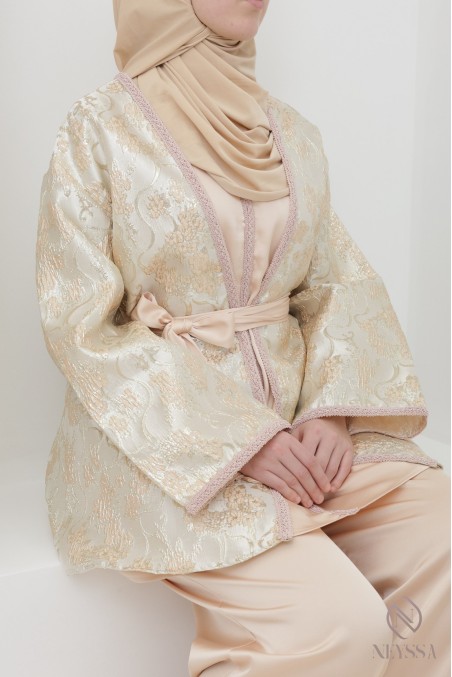 Ensemble tunique et kimono en brocard avec palazzo, tenue élégante