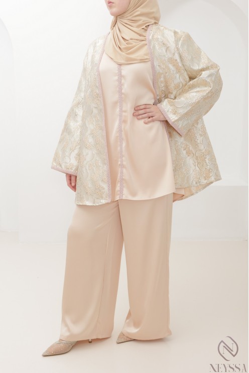 Ensemble tunique et kimono en brocard avec palazzo, tenue élégante