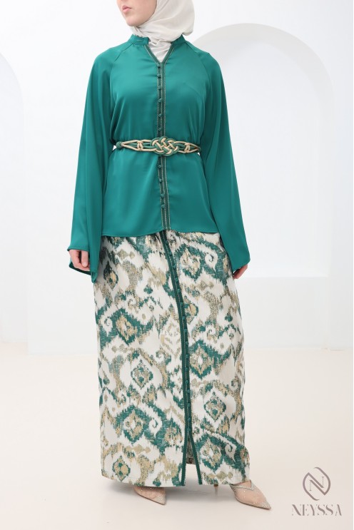 Ensemble 3 pièces tunique+ jupe brocart pour femme hijabi tendance