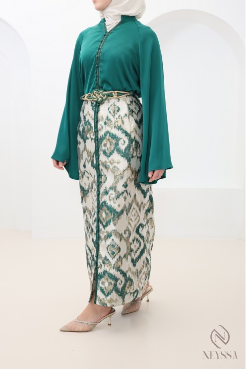 Ensemble 3 pièces tunique+ jupe brocart pour femme hijabi tendance