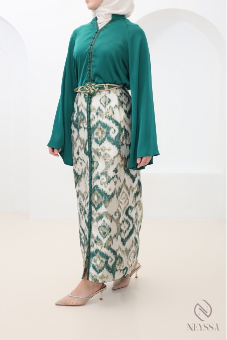 Ensemble 3 pièces tunique+ jupe brocart pour femme hijabi tendance