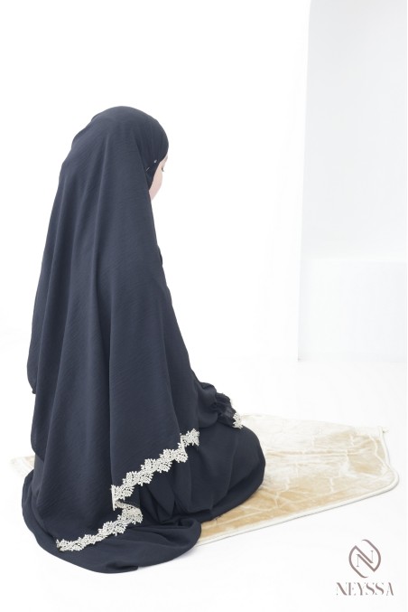 Butterfly cut prayer dress with integrated hijab and gold embroidery