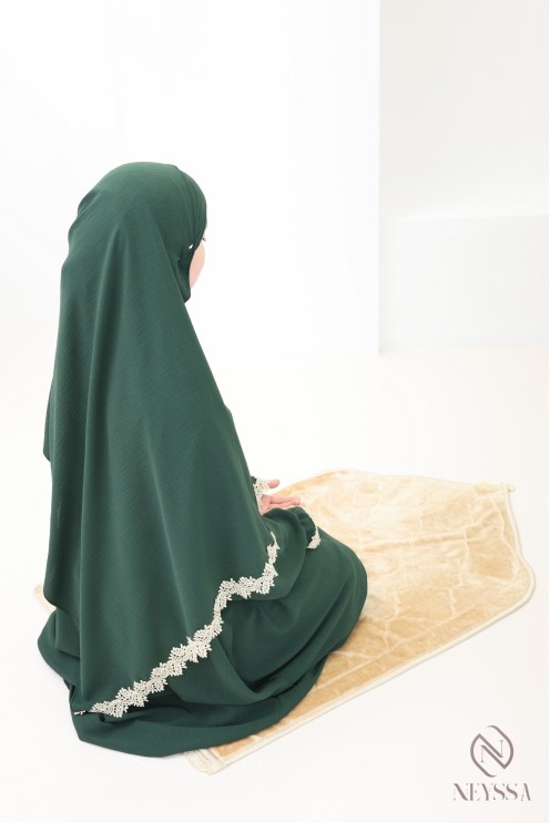 Butterfly cut prayer dress with integrated hijab and gold embroidery