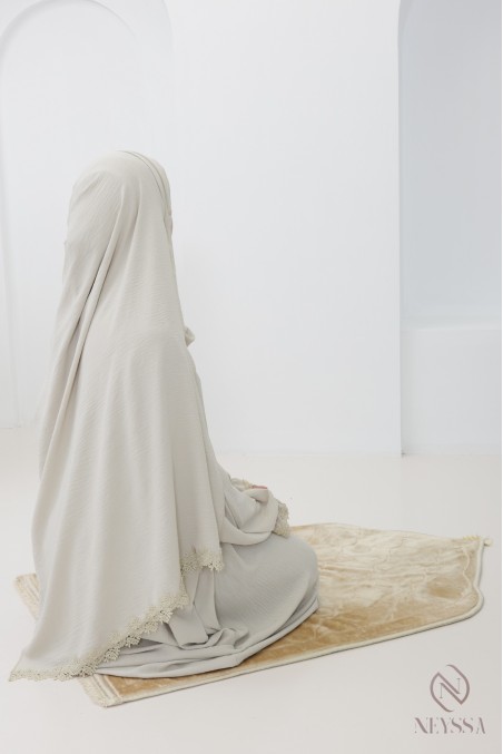 Butterfly cut prayer dress with integrated hijab and gold embroidery