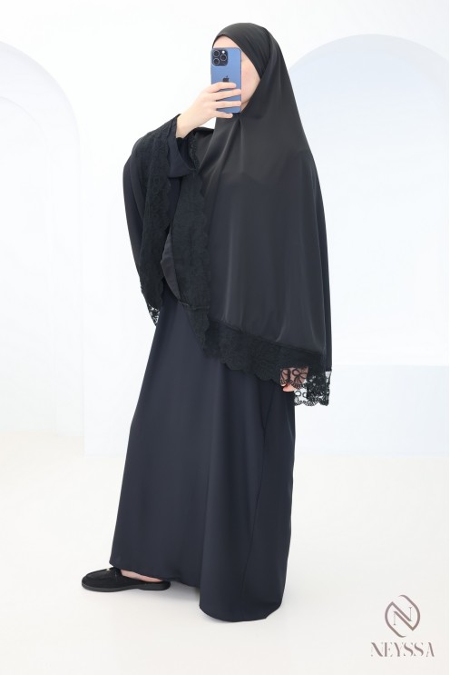 Medina silk khimar abaya with lace details for women