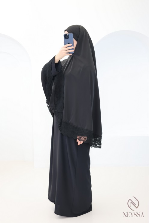 Medina silk khimar abaya with lace details for women
