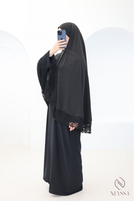 Medina silk khimar abaya with lace details for women