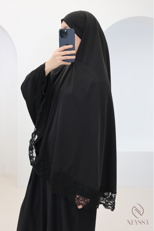 Medina silk khimar abaya with lace details for women