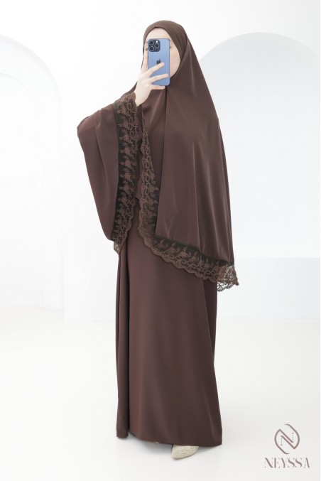 Medina silk khimar abaya with lace details for women