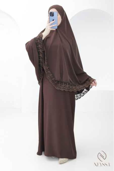 Abaya-Khimar aus Medina-Seide mit Spitzendetails für Damen