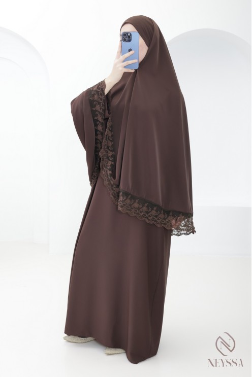 Medina silk khimar abaya with lace details for women