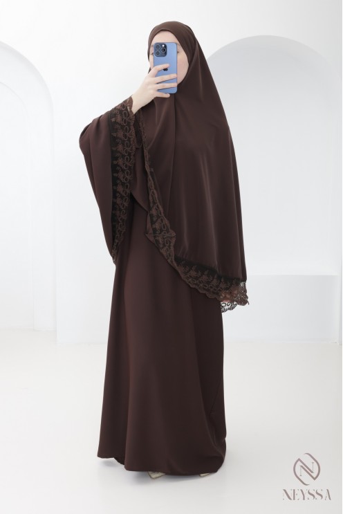 Medina silk khimar abaya with lace details for women