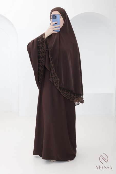 Medina silk khimar abaya with lace details for women