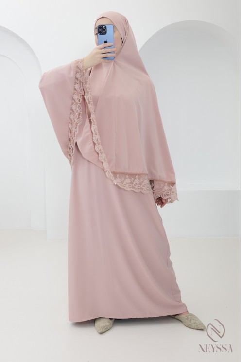 Medina silk khimar abaya with lace details for women