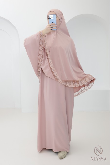 Medina silk khimar abaya with lace details for women