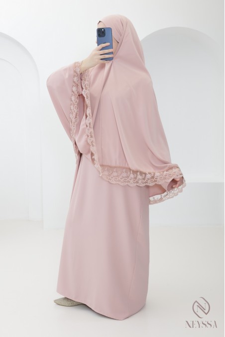 Medina silk khimar abaya with lace details for women