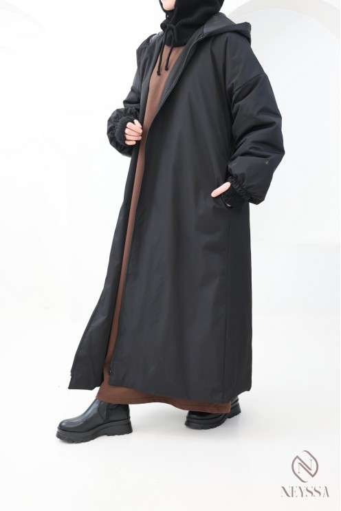 Manteau parka manches bouffante long noir femme hijabi tendance