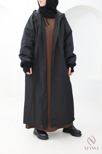 Women's long black puff sleeve parka coat for hijabis