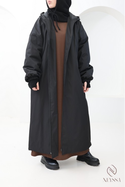 Women's long black puff sleeve parka coat for hijabis