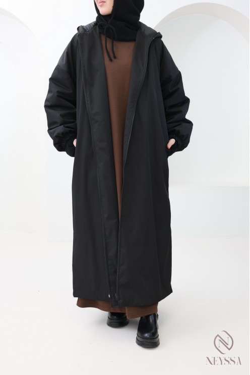 Women's long black puff sleeve parka coat for hijabis