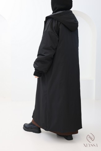 Langer schwarzer Parka mit Puffärmeln für modebewusste Hijabi-Frauen 2