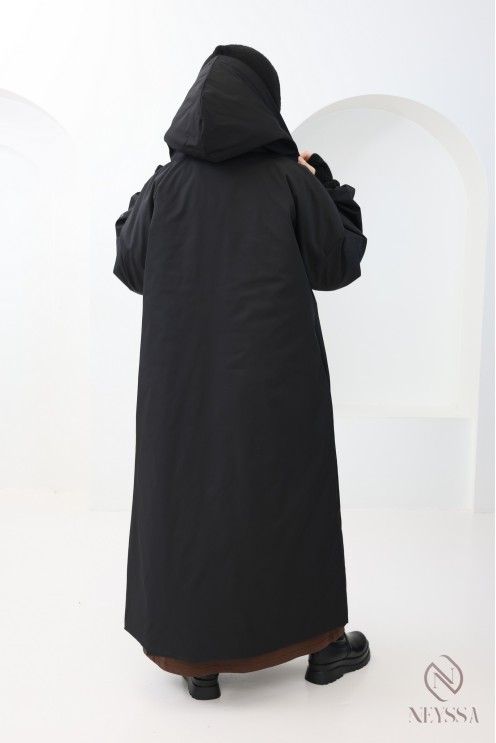 Women's long black puff sleeve parka coat for hijabis