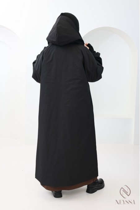 Women's long black puff sleeve parka coat for hijabis