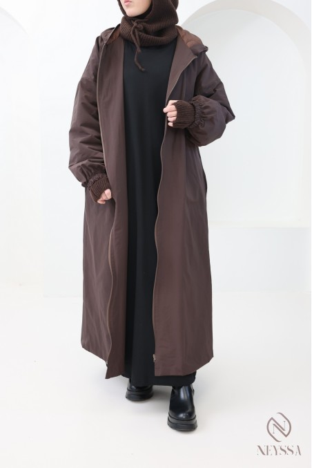 Long, straight-cut, oversized brown puffer coat for women