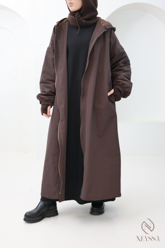 Long, straight-cut, oversized brown puffer coat for women