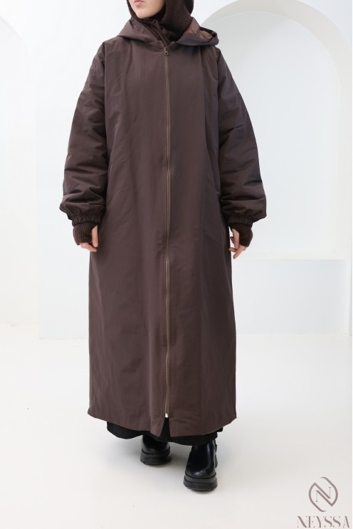 Long, straight-cut, oversized brown puffer coat for women