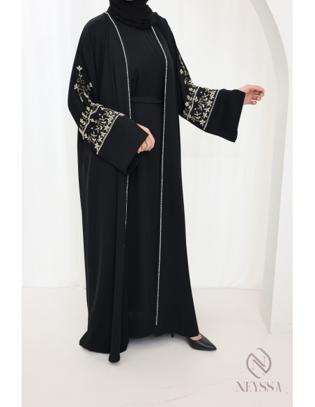 Abaya Dubai schwarz inkl. Kimono und Hijab, Fashion Eid Outfit.