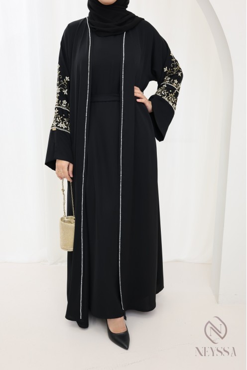 Abaya Dubaï noir kimono et hijab inclus, outfit Aïd fashion